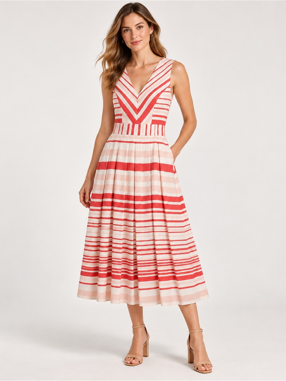 Women’s Coral & Cream Striped V-Neck Midi Dress